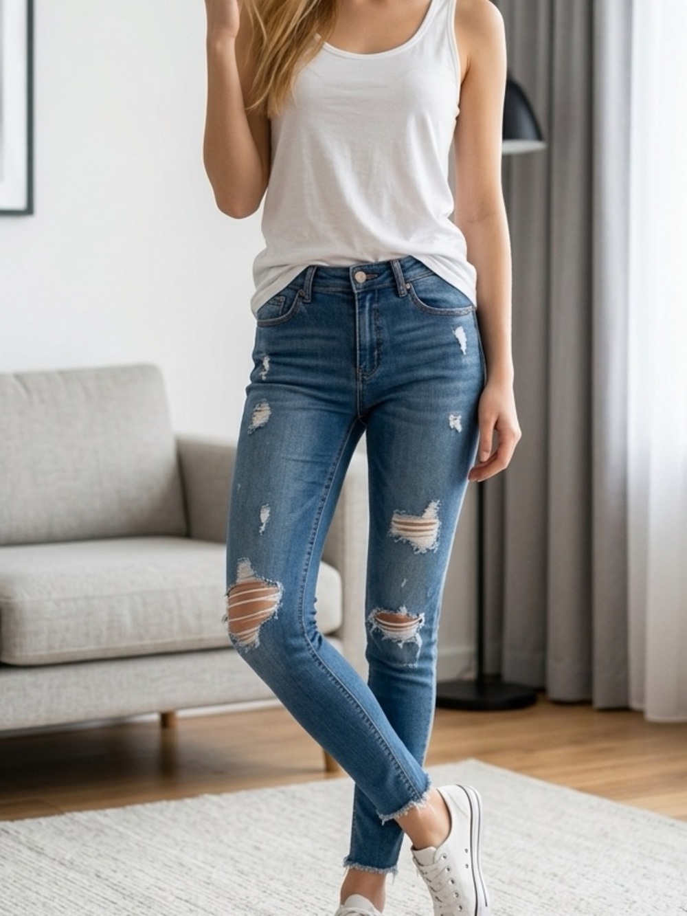 Between Us Womens High Rise Skinny Jeans Distressed Raw Hem Blue PD7073M Size 7